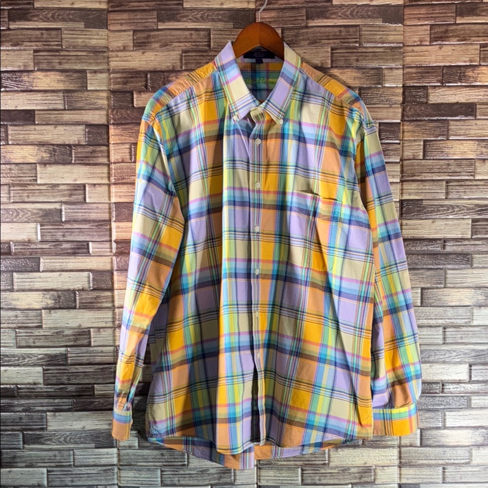 EUC Alan Flusser Multicolor Large Check Plaid Long Sleeve Shirt Mens Size XL